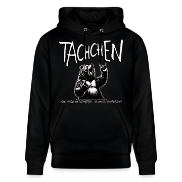 Schwarzer Unisex Hoodie mit weißem Berliner Bär und großem Schriftzug darüber „TACHCHEN“. Spruch „Rock’n’Roll ihr Flitzpiepen! – Ick bin da, kann losjehn“, steht klein unter dem feiernden Bären. doppelt gefütterte Kapuze, Bio-Baumwolle.