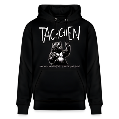 Schwarzer Unisex Hoodie mit weißem Berliner Bär und großem Schriftzug darüber „TACHCHEN“. Spruch „Rock’n’Roll ihr Flitzpiepen! – Ick bin da, kann losjehn“, steht klein unter dem feiernden Bären. doppelt gefütterte Kapuze, Bio-Baumwolle.
