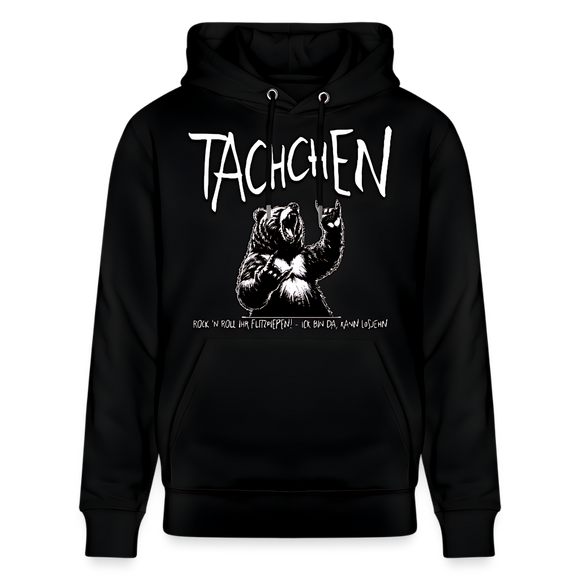 Schwarzer Unisex Hoodie mit weißem Berliner Bär und großem Schriftzug darüber „TACHCHEN“. Spruch „Rock’n’Roll ihr Flitzpiepen! – Ick bin da, kann losjehn“, steht klein unter dem feiernden Bären. doppelt gefütterte Kapuze, Bio-Baumwolle.