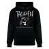 Schwarzer Unisex Hoodie mit weißem Berliner Bär und großem Schriftzug darüber „TACHCHEN“. Spruch „Rock’n’Roll ihr Flitzpiepen! – Ick bin da, kann losjehn“, steht klein unter dem feiernden Bären. doppelt gefütterte Kapuze, Bio-Baumwolle.