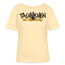 hellgelbes Damen T-Shirt mit schwarz-orangem Schriftzug „Tachchen ihr Flitzpiepen“ und lustiger Cartoon-Taube, legerer Rundhalsausschnitt, Print im Berliner Style, Bio-Baumwolle.