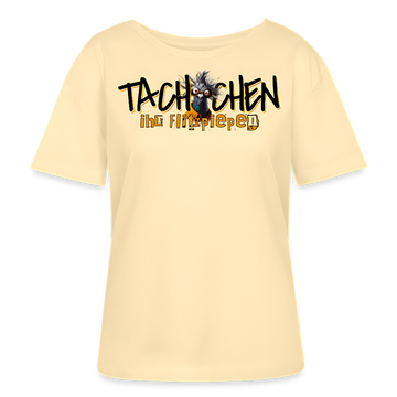 hellgelbes Damen T-Shirt mit schwarz-orangem Schriftzug „Tachchen ihr Flitzpiepen“ und lustiger Cartoon-Taube, legerer Rundhalsausschnitt, Print im Berliner Style, Bio-Baumwolle.