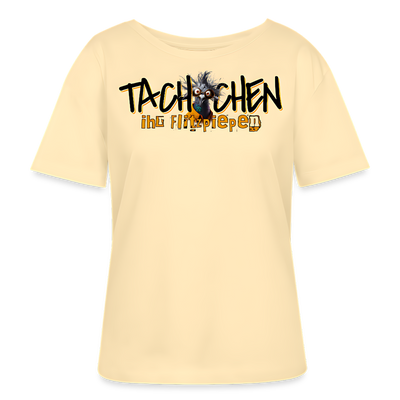 hellgelbes Damen T-Shirt mit schwarz-orangem Schriftzug „Tachchen ihr Flitzpiepen“ und lustiger Cartoon-Taube, legerer Rundhalsausschnitt, Print im Berliner Style, Bio-Baumwolle.