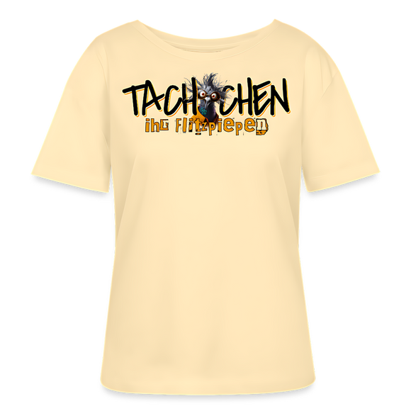hellgelbes Damen T-Shirt mit schwarz-orangem Schriftzug „Tachchen ihr Flitzpiepen“ und lustiger Cartoon-Taube, legerer Rundhalsausschnitt, Print im Berliner Style, Bio-Baumwolle.