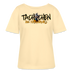 hellgelbes Damen T-Shirt mit schwarz-orangem Schriftzug „Tachchen ihr Flitzpiepen“ und lustiger Cartoon-Taube, legerer Rundhalsausschnitt, Print im Berliner Style, Bio-Baumwolle.