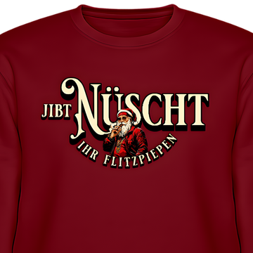 Bordeauxroter Weihnachts Pullover mit Aufdruck „Jibt Nüscht, ihr Flitzpiepen“ und vintage Weihnachtsmann im Berliner Stil﻿