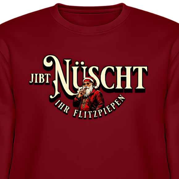 Bordeauxroter Weihnachts Pullover mit Aufdruck „Jibt Nüscht, ihr Flitzpiepen“ und vintage Weihnachtsmann im Berliner Stil﻿