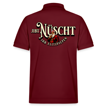 "Bordeauxrotes unisex bio Poloshirt mit großem Weihnachtsmotiv auf dem Rücken: Ein Berliner Weihnachtsmann in rotem Mantel und Bart, umgeben vom Spruch 'Jibt Nüscht ihr Flitzpiepen'. Perfekt für Weihnachten in Berlin und Berliner Humor."