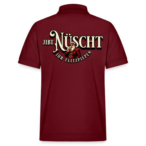 "Bordeauxrotes unisex bio Poloshirt mit großem Weihnachtsmotiv auf dem Rücken: Ein Berliner Weihnachtsmann in rotem Mantel und Bart, umgeben vom Spruch 'Jibt Nüscht ihr Flitzpiepen'. Perfekt für Weihnachten in Berlin und Berliner Humor."