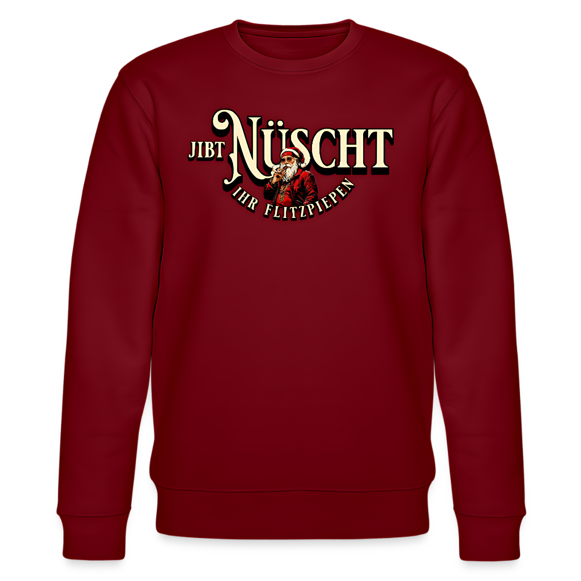 Bordeauxroter Weihnachts Pullover mit Aufdruck „Jibt Nüscht, ihr Flitzpiepen“ und vintage Weihnachtsmann im Berliner Stil﻿