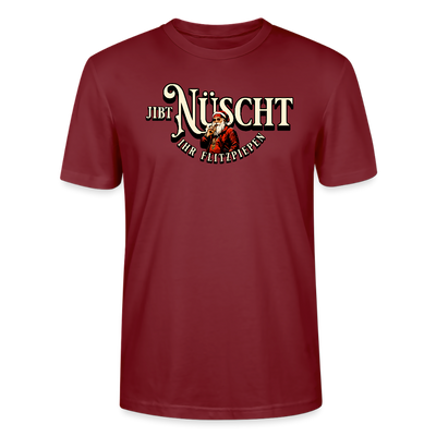 Bordeauxrotes Weihnachts T-Shirt mit dem Berliner Spruch „Jibt Nüscht ihr Flitzpiepen“ und Weihnachtsmann-Motiv – lustiges Statement Shirt für Weihnachten.
