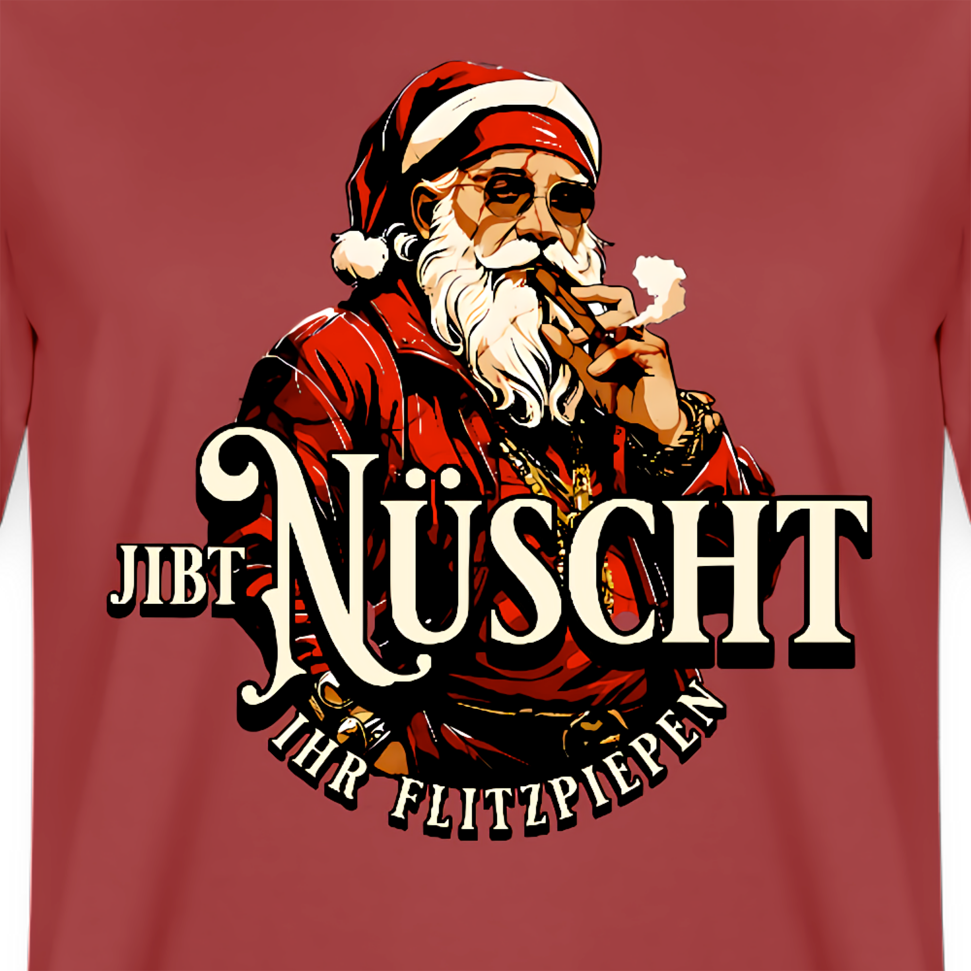 Weihnachts T‑Shirt mit Berliner Spruch "JIBT NÜSCHT IHR FLITZPIEPEN" und Vintage‑Nikolaus‑Motiv.