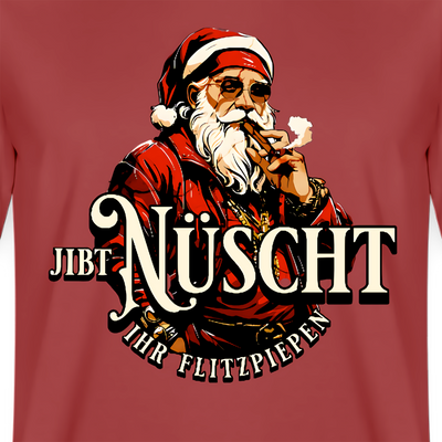 Weihnachts T‑Shirt mit Berliner Spruch "JIBT NÜSCHT IHR FLITZPIEPEN" und Vintage‑Nikolaus‑Motiv.