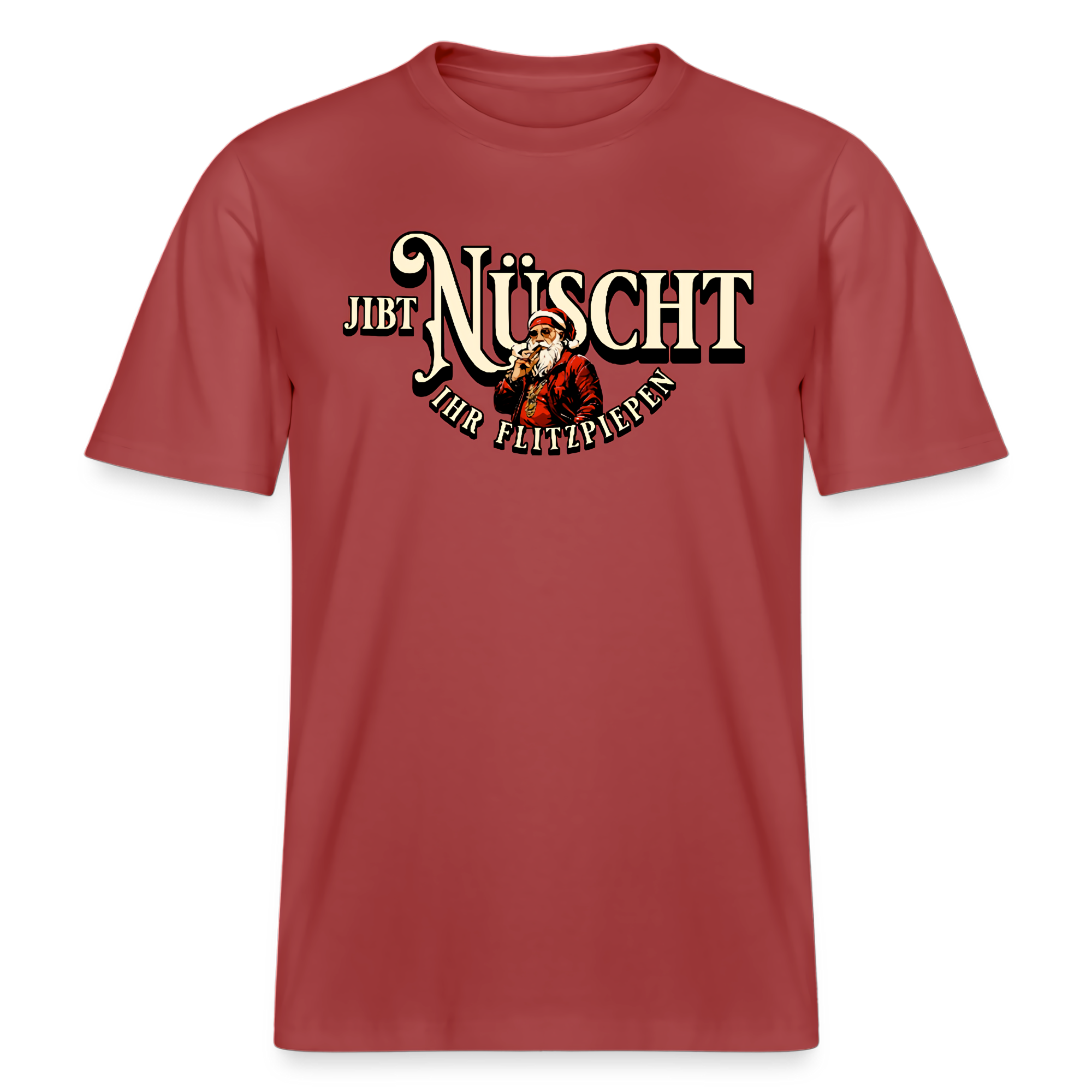 Bordeauxrotes Weihnachts T‑Shirt mit Aufdruck „Jibt Nüscht, ihr Flitzpiepen“ und Santa‑Illustration – Berliner Schnauze Motiv﻿