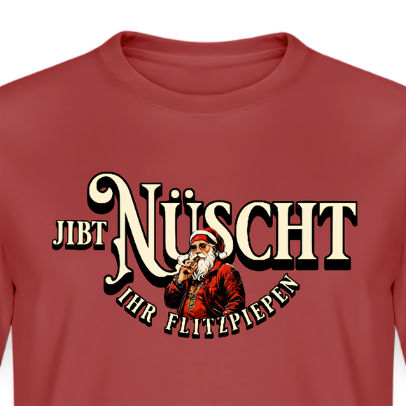 Bordeauxrotes Weihnachts T‑Shirt mit Aufdruck „Jibt Nüscht, ihr Flitzpiepen“ und Santa‑Illustration – Berliner Schnauze Motiv﻿