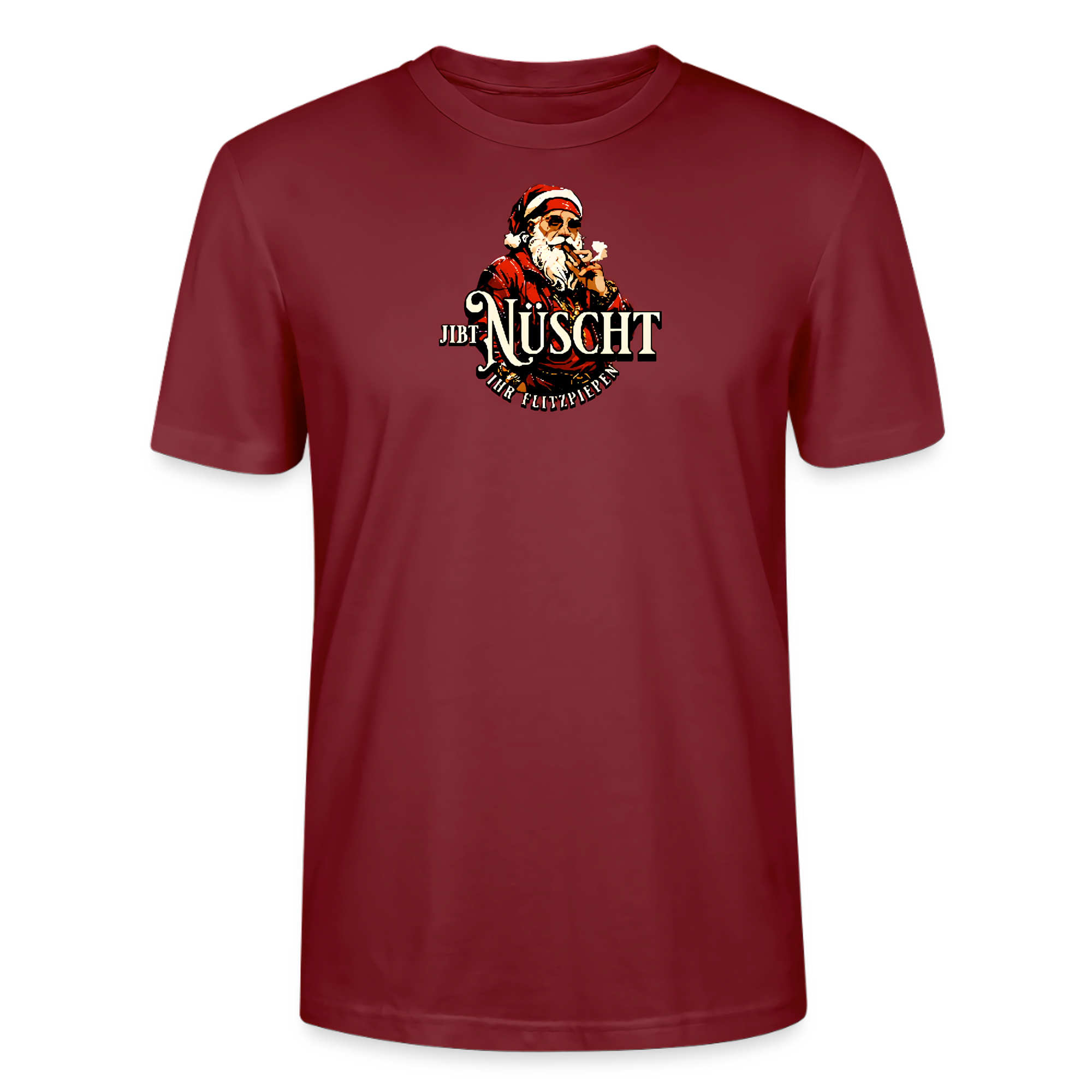 Bordeauxrotes Weihnachts T‑Shirt mit Aufdruck „Jibt Nüscht, ihr Flitzpiepen“ und Santa‑Motiv﻿