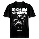 Schwarzes Unisex Berlin Shirt mit Berliner Schnauze Spruch „Ick mach wat ick will“ und tanzendem Bären mit erhobenem Mittelfinger, hochwertige und schwere Stoffqualität aus 100% Bio Baumwolle