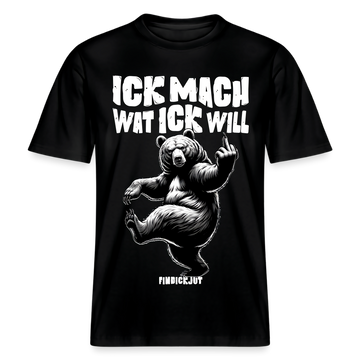 Schwarzes Unisex Berlin Shirt mit Berliner Schnauze Spruch „Ick mach wat ick will“ und tanzendem Bären mit erhobenem Mittelfinger, hochwertige und schwere Stoffqualität aus 100% Bio Baumwolle