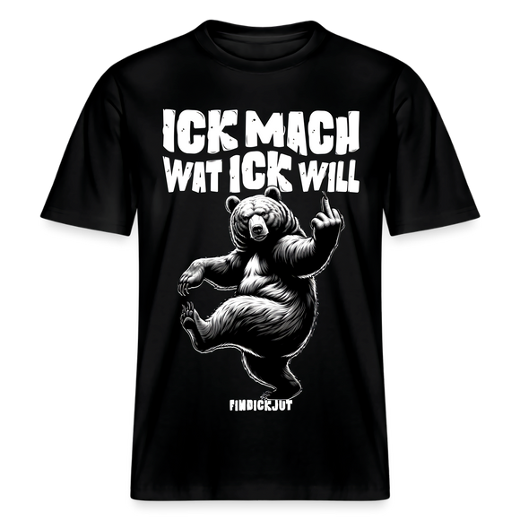Schwarzes Unisex Berlin Shirt mit Berliner Schnauze Spruch „Ick mach wat ick will“ und tanzendem Bären mit erhobenem Mittelfinger, hochwertige und schwere Stoffqualität aus 100% Bio Baumwolle