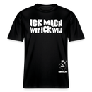 Unisex Bio‑T‑Shirt, schwarz, Frontprint „ICK MACH WAT ICK WILL“, kleiner Bär unten rechts, locker geschnitten.