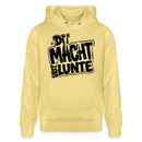 hellgelber Bio Unisex Hoodiemit großem Frontprint  im Berliner Dialekt "DIT MACHT URST LUNTE“, gerade geschnitten mit doppelt gefütterter Kapuze, runden Kordeln, Kängurutasche und Rippbündchen aus 350 g/m² Bio‑Baumwolle.
