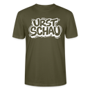 Khaki farbenes Unisex T‑Shirt aus Bio‑Baumwolle mit weissem Aufdruck „URST SCHAU“ im Ost-Berliner Spruchstil (Ostalgie, berliner schnauze)