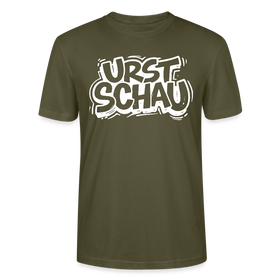 Khaki farbenes Unisex T‑Shirt aus Bio‑Baumwolle mit weissem Aufdruck „URST SCHAU“ im Ost-Berliner Spruchstil (Ostalgie, berliner schnauze)