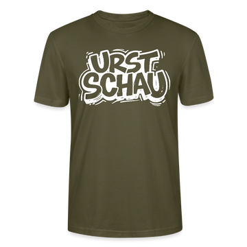 Khaki farbenes Unisex T‑Shirt aus Bio‑Baumwolle mit weissem Aufdruck „URST SCHAU“ im Ost-Berliner Spruchstil (Ostalgie, berliner schnauze)
