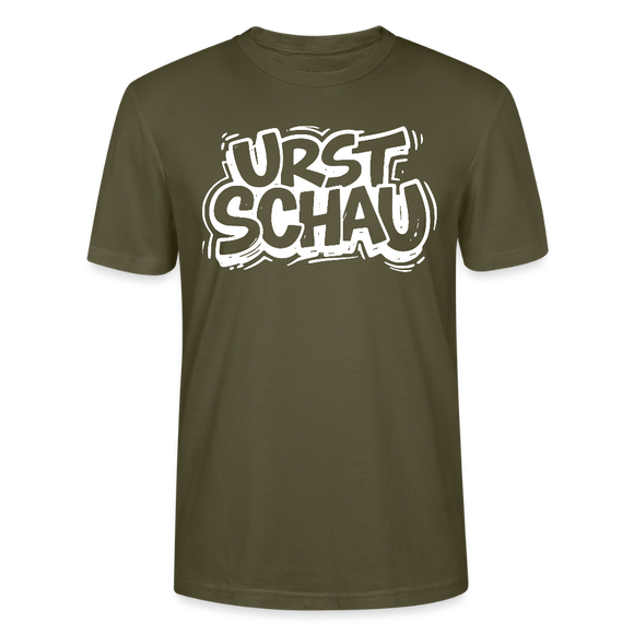 Khaki farbenes Unisex T‑Shirt aus Bio‑Baumwolle mit weissem Aufdruck „URST SCHAU“ im Ost-Berliner Spruchstil (Ostalgie, berliner schnauze)