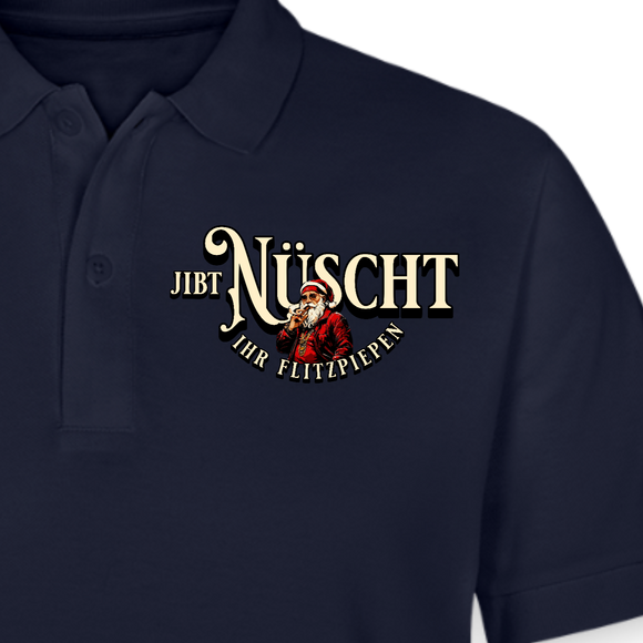 Weihnachten in Berlin – navyblaues Polo-Shirt mit Berliner Dialekt-Spruch "Jibt Nüscht ihr Flitzpiepen", originelles Geschenk und Statement für Berliner Weihnachtsmarkt und festliche Anlässe.